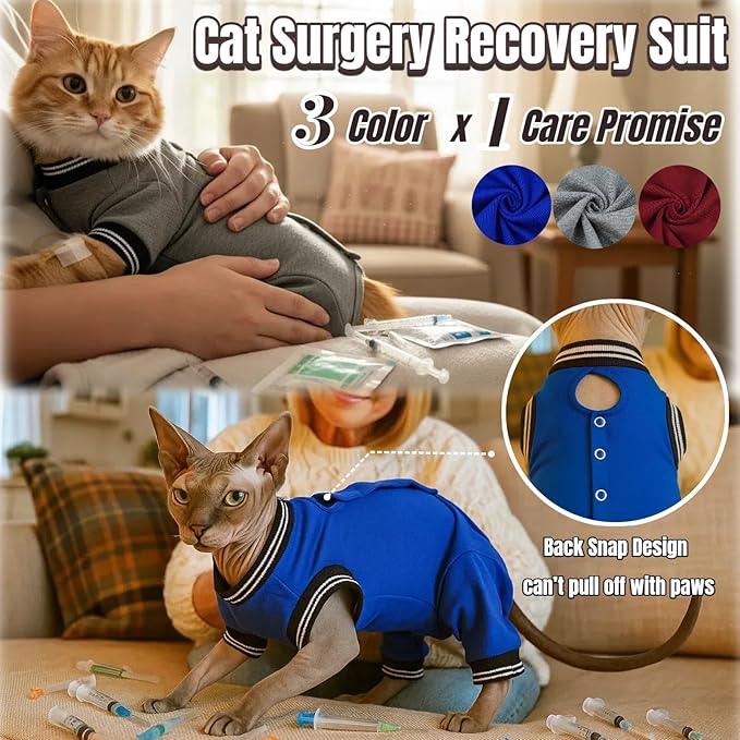 T'CHAQUE Cat Surgery Recovery Suit for Female Male, Cat Onesie Pet Surgical Pajamas Hind Legs Long Sleeve, Abdominal Wound Skin Diseases, E-Collar Alternative, Spay/Neuter Recovery Suit, Gray-XL
