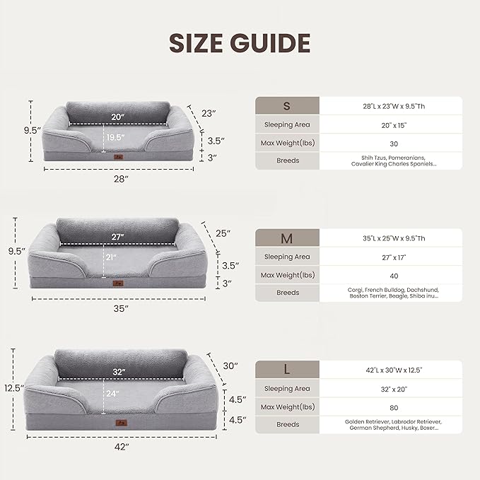 Orthopedic Dog Beds for Medium Size Dogs, Waterproof Egg-Crate Foam Pet Couch Bed with Soft Sides, Non-Slip Dog Sofa with Fleece Removable Washable Cover, 35"L Supportive Pet Sofa, Light Grey