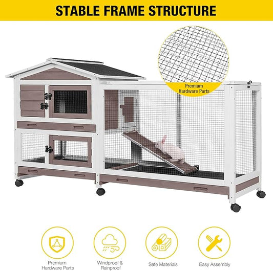 Aivituvin Rabbit Hutch 62" Rabbit Cage Indoor Outdoor Guinea Pig Cage on Wheels Bunny Cage with 3 Deep No Leakage Pull Out Tray,Waterproof Roof (Brown)