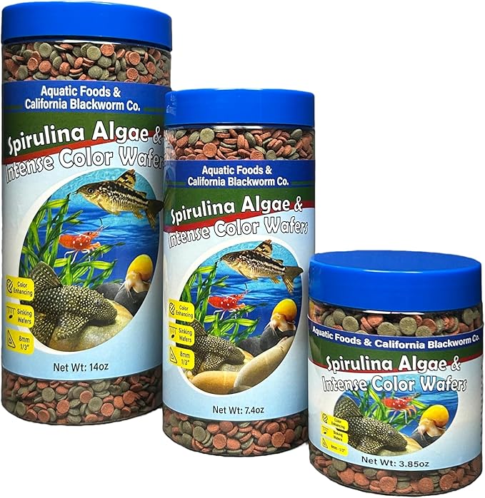 Aquatic Foods Inc. 8mm - 1/3" Small Sinking Wafers of Spirulina, Algae & Color Enhancing Wafers for Bottom Fish, Shrimp, Snails & Tropicals 4-Type Wafer & 12-Type Pellet Mix Included..6oz Canister