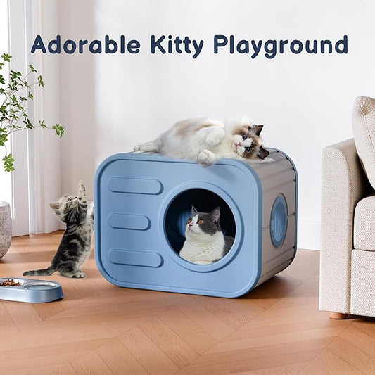 Outdoor Cat House, Outside Cat Shelter with Dual Ventilation Waterproof Resin Pet House for Indoor and Outdoor Use Shelter Pet Home for Cats Small Dogs, Blue