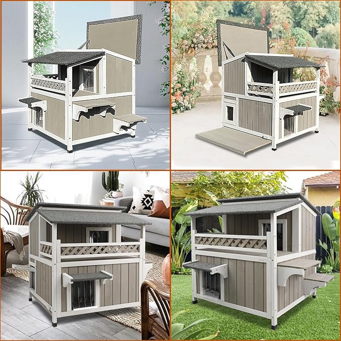 Outdoor Cat House Weatherproof Cats Shelter for Feral Kitten Pet Houses for 1-2 Small Animlas 2 Story Wooden Houses for Indoor Outdoor Cats with Escape Doors (29" L x 30" W x 31.5" H Grey)