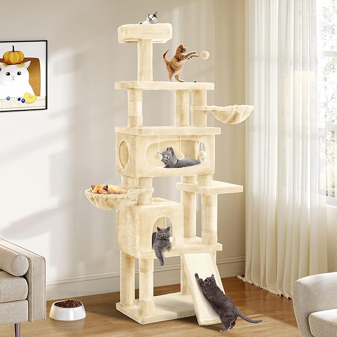 76in Cat Tree for Indoor Large Cats, Tall Cat Tower with Scratching Posts, Cat Tree Tower w/Hanging Balls, Multi-Level Condo Cozy Hammock, House, Large Activity Center, Beige