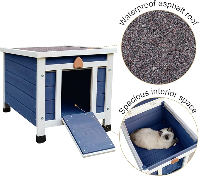 Deblue Weatherproof Cat House for Outdoor Cats, Wooden Small Pet House Outside, Feral Cat Shelter with Elevated Floor and Lockable Door - Blue
