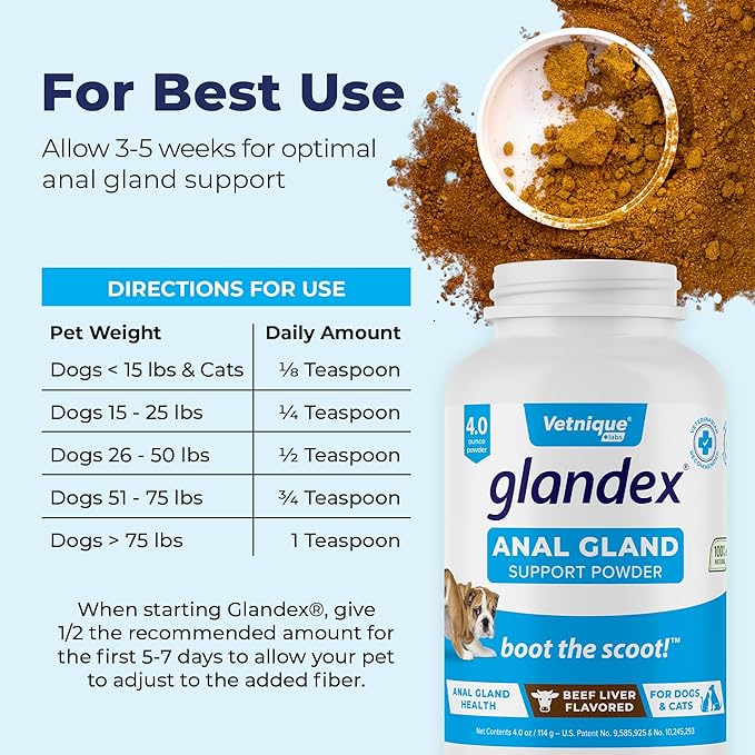 Vetnique Glandex Dog Fiber Supplement Powder for Anal Glands with Pumpkin, Digestive Enzymes & Probiotics - Vet Recommended (Regular or Advanced Strength) - Boot The Scoot (4.0oz Powder, Beef Liver)