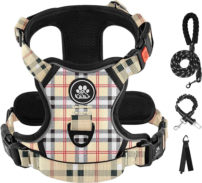 IVY&LANE No Pull Dog Harness with Leash Set, Reflective No Choke Pet Vest,Adjustable Oxford Dog Vest Harness with Easy Control Handle for Medium Lagre Dogs (Checkered Beige,M)
