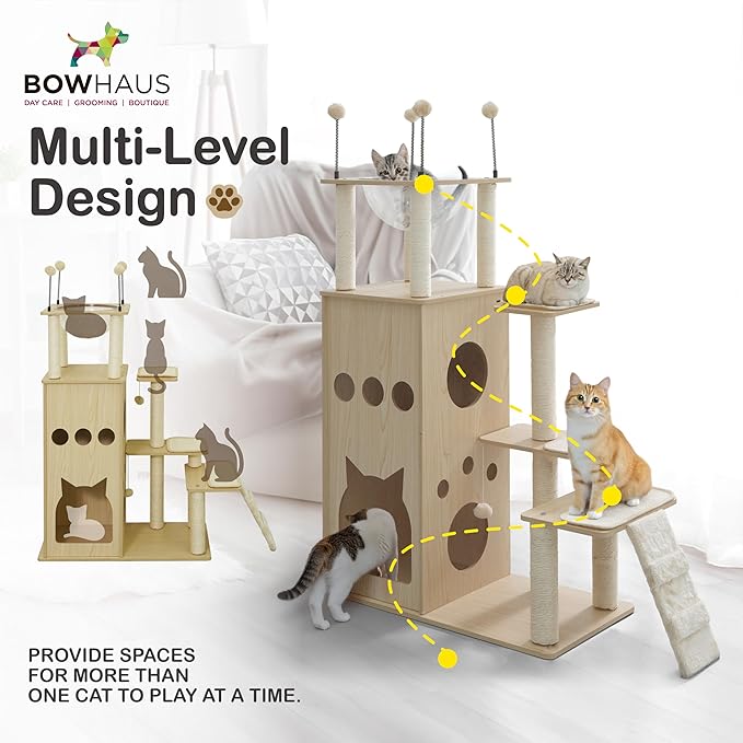 53” Wooden Cat Tree Tower for Indoor Large Cats & Kittens, Modern Tall Cat Climbing Tree w/Cave Condo, Scratching Posts, Space Capsule, Multi-Level Cat Tower w/Interactive Toy & Washable Pad