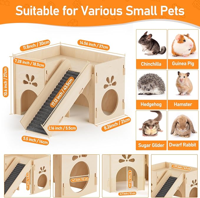 Guinea Pig Hideout House, Basic Large Wooden Hamster House with Climbing Ladder & Multi-Holes, Bunny Castle Tower Toy for Guinea Pig Chinchilla Gerbil Hedgehog Small Animal House Habitat Hut