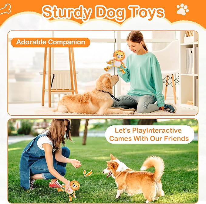 Dog Squeak Plush Toys, Cute, Funny, Durable Fabric Rope Dog Toy for Small, Medium Pets, Indoor and Outdoor, Ideal Pet Gift, Lion