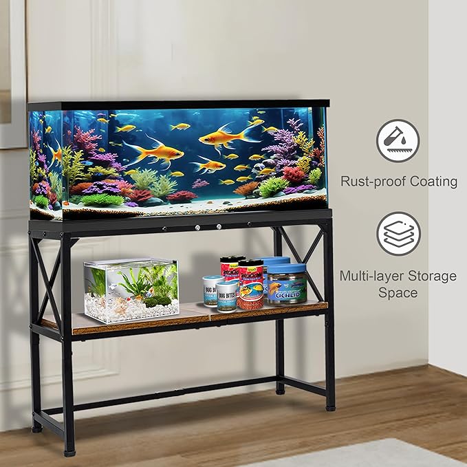 30 Gallon Fish Tank Stand, Aquarium Stand with 2-Tier Storage Shelves, Rustic Brown Metal Frame Turtle Tank,Adjustable Height Design (30 Gallon)