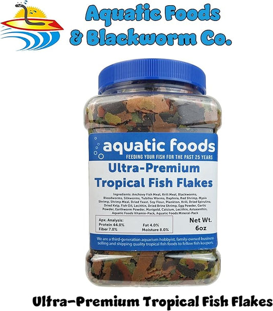 Aquatic Foods Inc. Ultra Premium Tropical Fish Flakes with Krill and Shrimp Meal, Spirulina for All Tropical Fish Also Pellet Mix, Wafer Mix Included…6oz