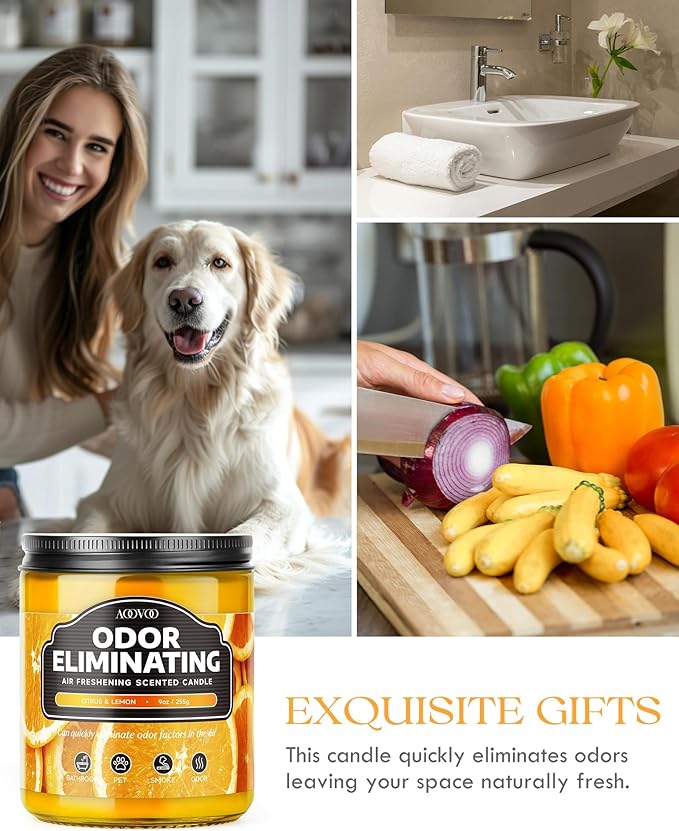 AOOVOO 4 Pack Citrus Lemon Odor Eliminating Highly Fragranced Candle - Eliminates 95% of Pet, Smoke, Food, and Other Smells Quickly, Air Freshing Soy Candle
