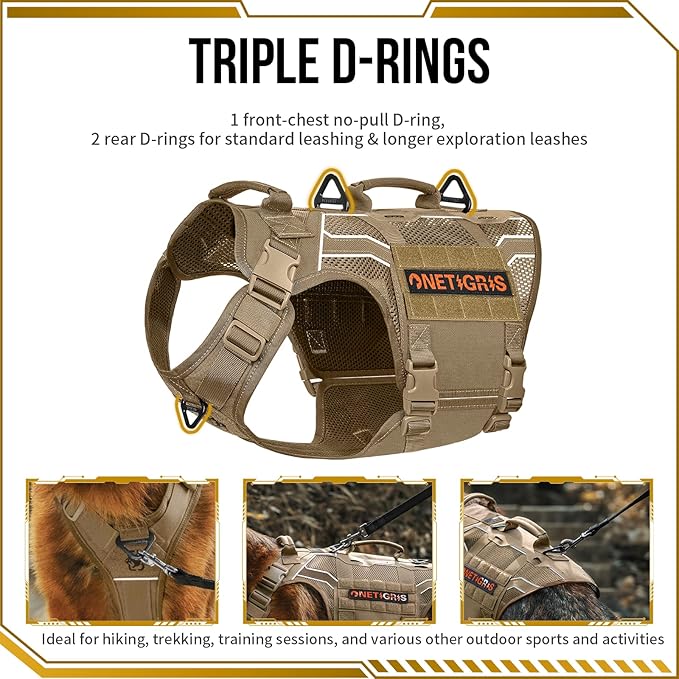 OneTigris Tactical Dog Harness for Large Dogs, Adjustable Tactical Dog Harness with Handles, Reflective Vest Heavy Duty & Breathable Military Assistance Vest with No Pull Buckle, Brown