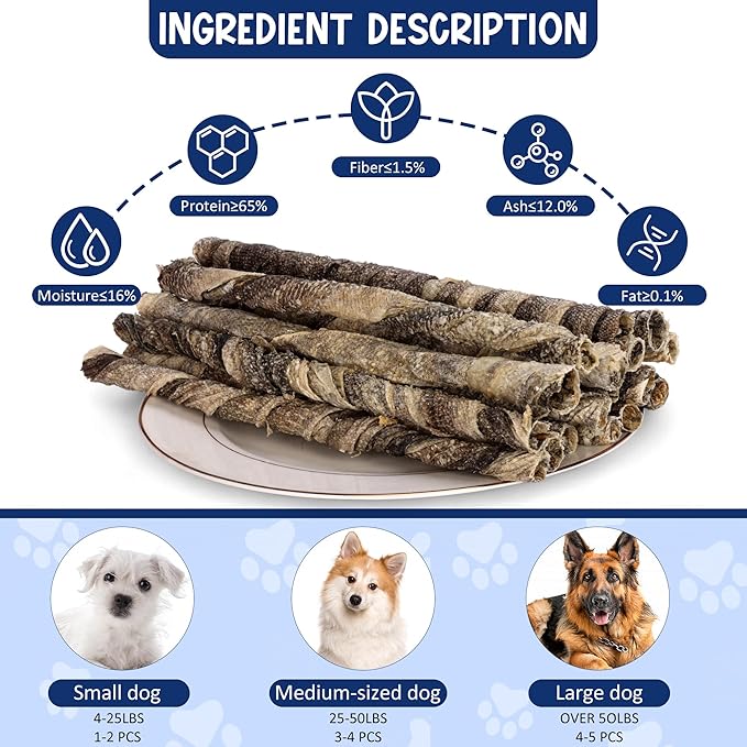 Natural Cod Skins for Dogs - Single Ingredient Dog Treats, Grain Free & Hypoallergenic - Dental Chews for Teeth Cleaning & Fresh Breath - Rich in Omega-3 for Skin & Coat Health(Long Cigar 1 ib)