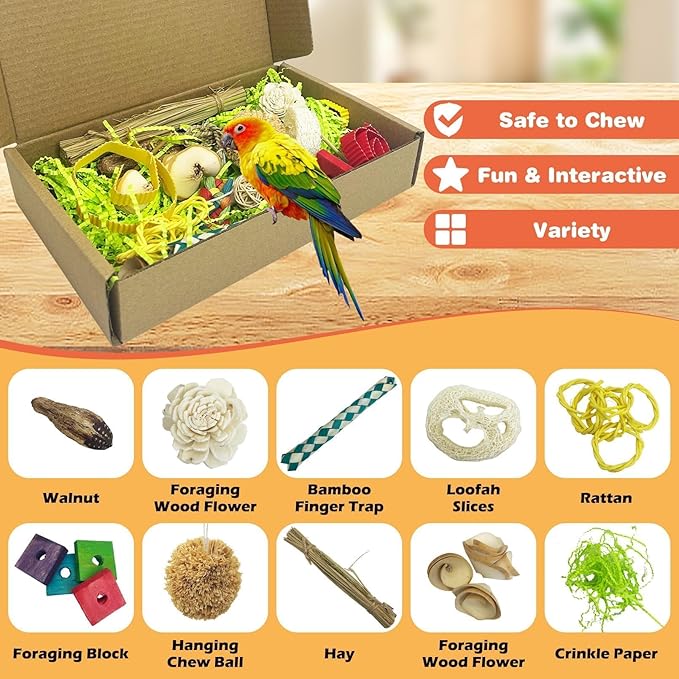 PINVNBY Bird Toys Natural Bird Foraging Interactive Parrot Shredding Box and Chewing Toy for Conure Parakeet Budgie Cockatiel Lovebird Small-Medium Birds (Medium)