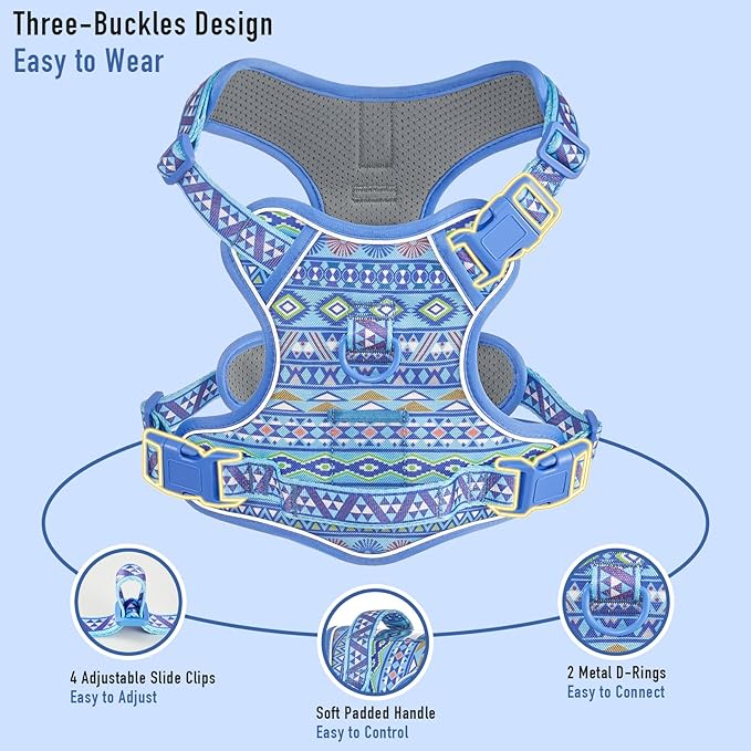 Light Dog Harness for Small Sized Dog Breeds, No-Pull Pet Harness with 2 Leash Clips, Adjustable Soft Padded Dog Vest, Reflective Pet Oxford Vest, Puggle, Terriers, Beagle, Blue Ethnic S