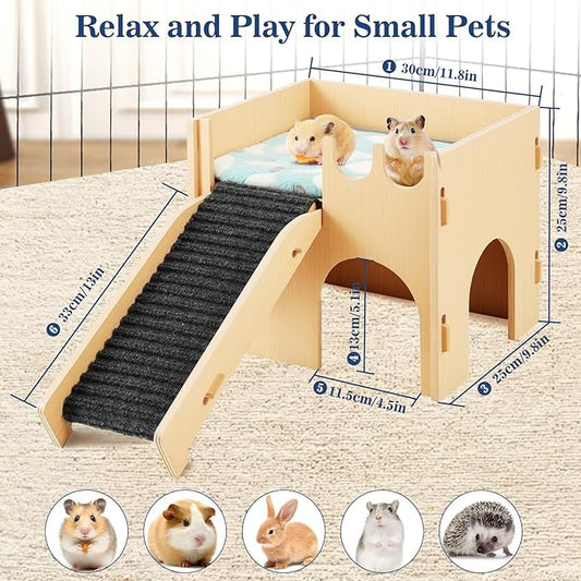 Pawaboo Guinea Pig and Hamster House, 2-in-1 Guinea Pig Hideout with Stairs and Cushion, Sturdy Wooden Hamster Castle Easy to Assemble, Detachable Small Animal House Bed Hut Habitats with Ramps