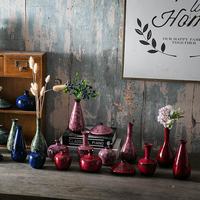 Red Ceramic Bud Vases, Set of 6 Small Glazed Pottery Vases for Floral Arrangements, Decorative Rustic Vases for Modern Farmhouse Home Decor, Living Room, Dining Table Centerpieces