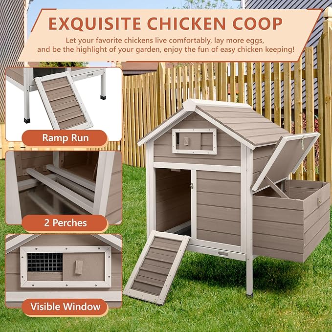 Large Chicken House with Nesting Box, Small Chicken Coop Hen Pet House with Removable Trays, Outdoor Indoor Rabbit Hutch Poultry Cage with Ramp (36.2" L x 26" W x 38.3" H)