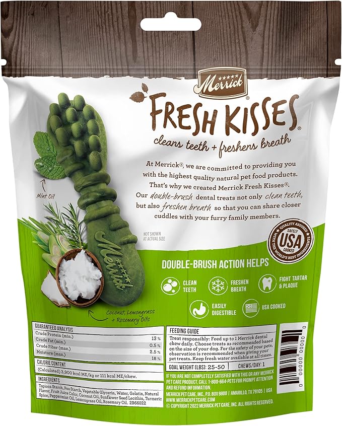 Merrick Fresh Kisses Natural Dental Chews Infused With Coconut And Botanical Oils For Medium Dogs 25-50 Lbs - 6 ct. Bag