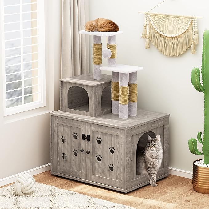 DKLGG Litter Box Enclosure with Cat Tree, Large Cat Tree with Hidden Litter Box Enclosure | All-in-one Indoor Kitten House w/Sisal Scratching Post, Plush Perch Platform & Divided Condo (Grey)