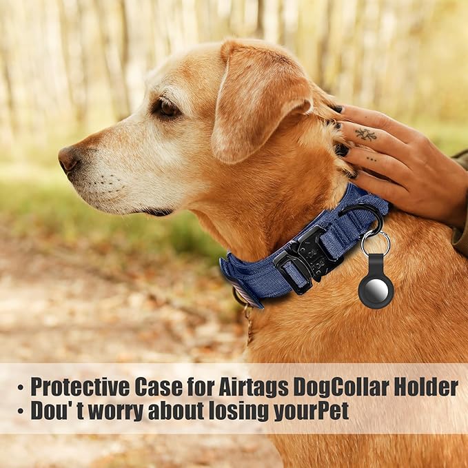 Tactical Military Collar - Adjustable Nylon, Heavy Duty Metal Buckle with Handle for Dog Training, with Patches (Blue, XL)