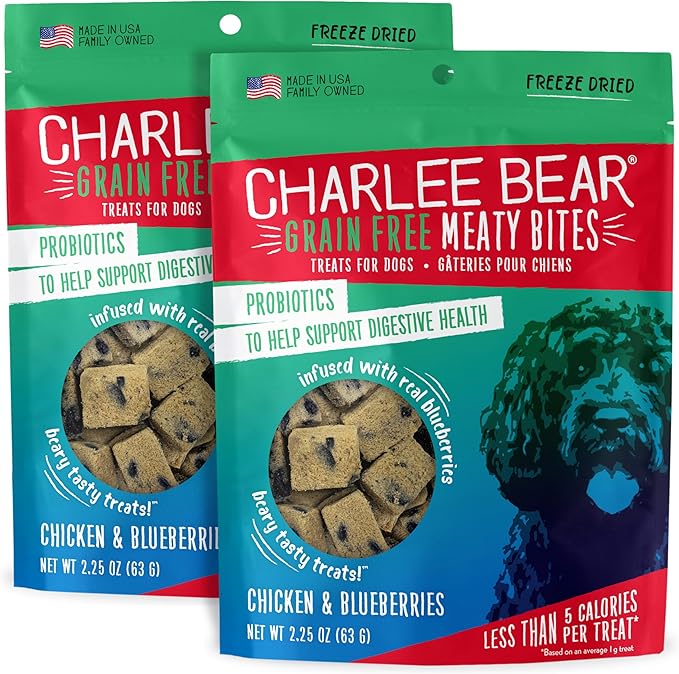 Charlee Bear Grain Free Meaty Bites Freeze Dried Dog Treats with Probiotics, Puppy Training Snacks, Soft Dog Bites Chicken with Blueberries, 2.25 oz Bags (2), Made USAA