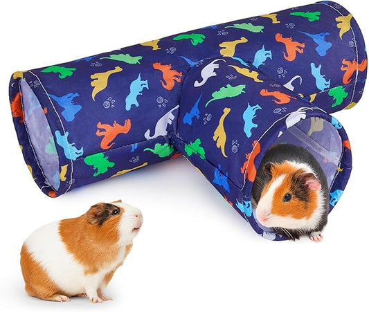 Bienbee Guinea Pig Tunnel, 3 Way Washable Guinea Pig Hideout,Foldable Rabbit Tunnel Guinea Pigs Toys for Bunny Hamster Chinchilla Ferret Rabbit Guinea Pigs Accessories Blue Dinosaurs