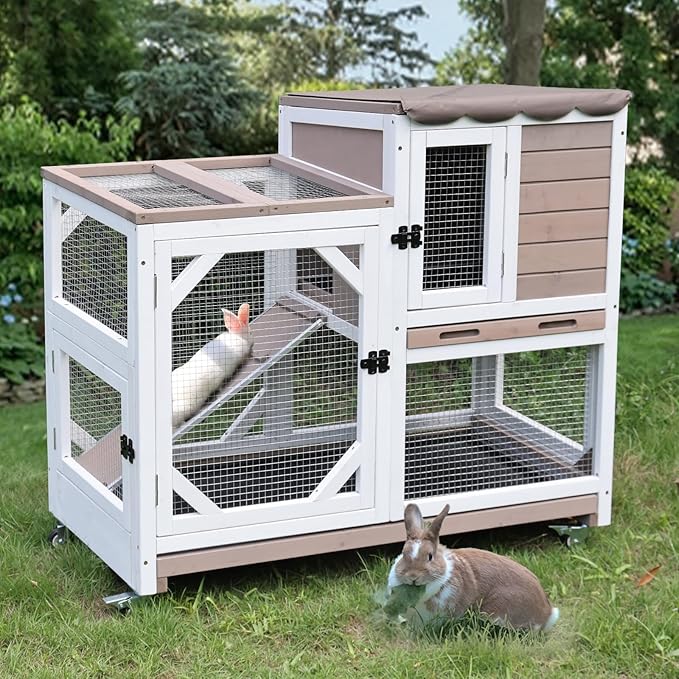 Aivituvin Rabbit Cage Indoor Bunny Hutch on Wheels Outdoor 2 Story Wood Guinea Pig House with 2 Deeper Pull Out Trays