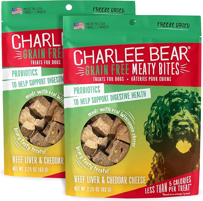 Charlee Bear Grain Free Meaty Bites Freeze Dried Dog Treats with Probiotics, Puppy Training Snacks, Soft Dog Bites Beef Liver with Cheddar Cheese, 2.25 oz Bags (2), Made USA