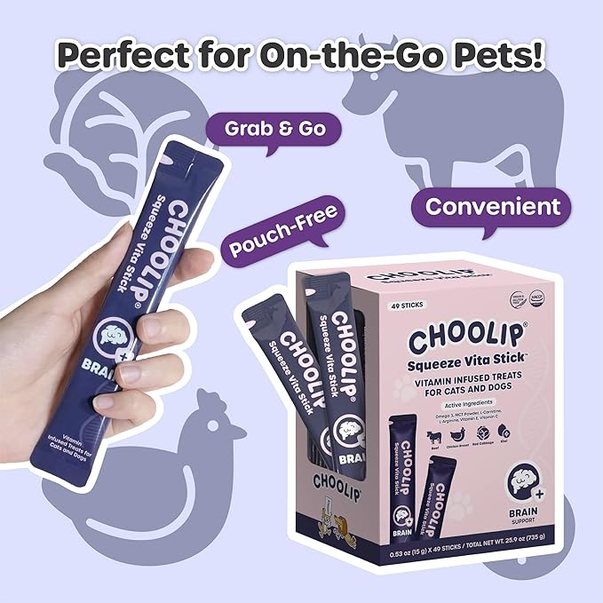 Squeeze Vita Stick Lickable Cat and Dog Treats – 49-Count Brain Support Sticks with Multivitamins, Soft Squeezable Paste for All Life Stages, Supporting Brain Health