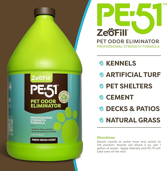 ZEOFILL PE-51 Pet Odor Eliminator - Outdoor Odor Eliminator for Pets, Cat Urine, Dog Pee, and Poop | Artificial Turf, Lawn, Yard, Decks & Patio Smell Remover | Natural Eco-Friendly Enzymes | 2 Gallon