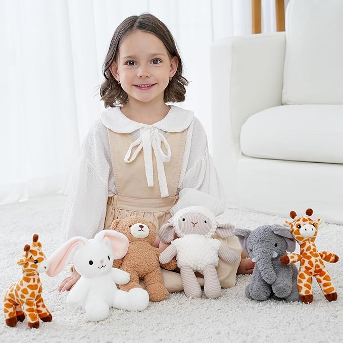 6 Pcs Stuffed Animals Bulk, 8 Inch Jungle Animals Stuffed Toys, Zoo Stuffed Animals Set, Small Stuffed Safari Animals, Lion Sheep Elephants Bear Giraffe Bunny for Party Animal Themed