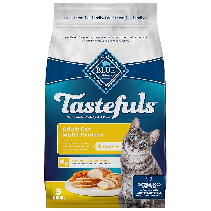 Blue Buffalo Tastefuls Adult Cat Dry Food, Multi-Protein Chicken & Turkey Recipe, 3-lb. Bag
