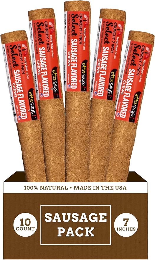 etta says! 7" Select Crunchy Dog Chews - Rawhide-Free Dog Treats - Made in The USA - Odor-Free, All-Natural Ingredients - for Moderate Chewers - Sausage - 10 Pack