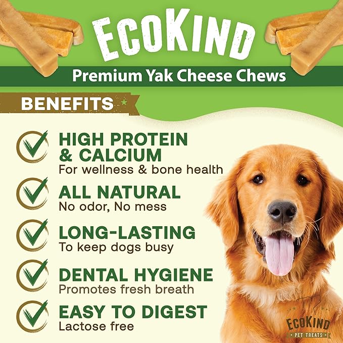 EcoKind Premium Gold Yak Cheese Himalayan Dog Chews, Dog Treats Large Breed, All Natural, High Protein, for Aggressive Chewers, Large - 5 Chews
