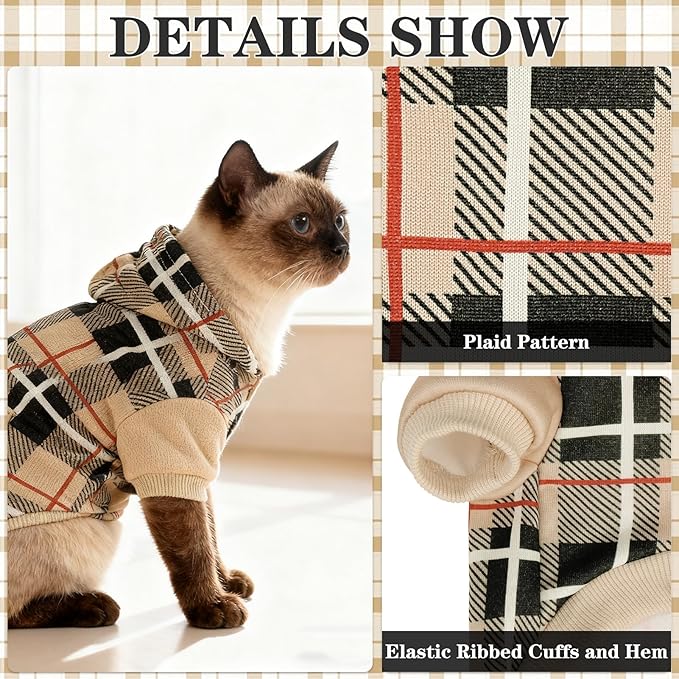 EXPAWLORER Plaid Cat Hoodie - British Style Warm Cat Sweater Shirt with Leash Hole,Pet Clothes Outfits,Winter Coat Apparel for Puppy Cats Girl Boy-Kitten Apparel,Beige L