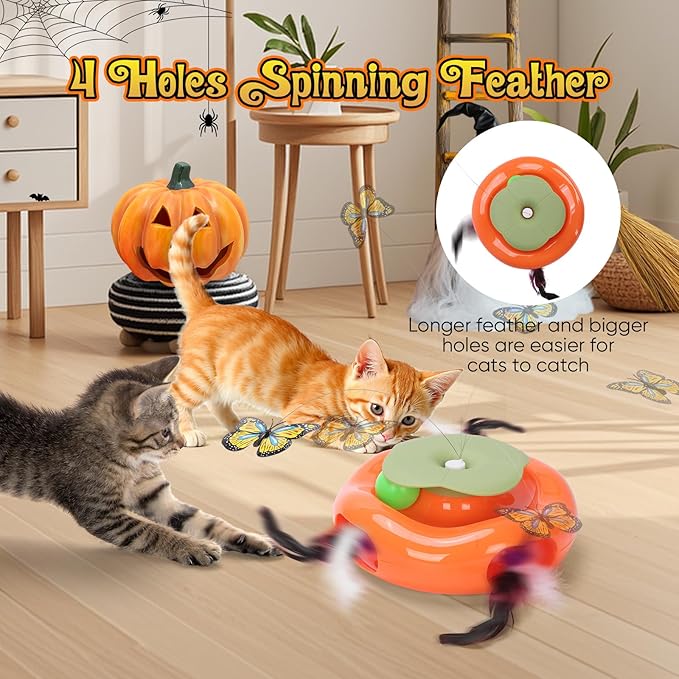 Interactive Cat Toy 3in1 Halloween Cat Toys Pumpkin Whack a Mole Cat Toy with Rotating Butterfly Cat Enrichment Battery Operated