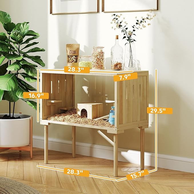PawHut Wooden Hamster Cage with Legs, Gerbil Cage with Seesaw, Hut, Water Bottle & Food Dish, Hamster Habitat for Syrian, Dwarf, Mouse, 28" x 16" x 29.5", Nature Wood