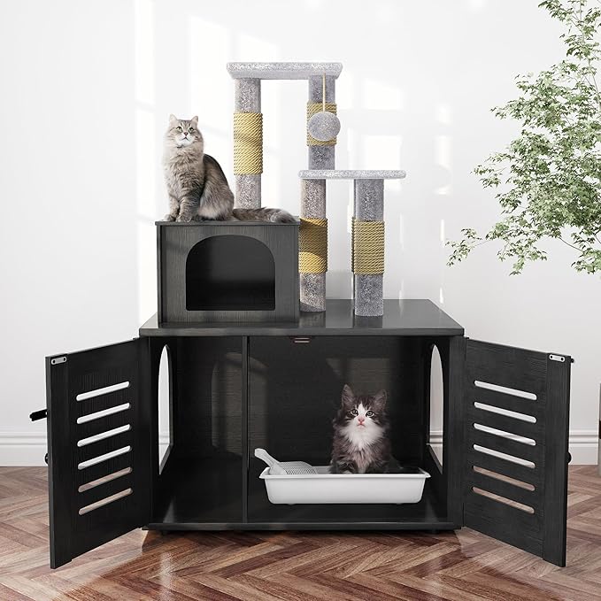 DKLGG Large Wooden Cat Tree House with Hidden Litter Box Enclosure | Multi-Functional Cat Furniture Featuring Sisal Scratching Post, Plush Perch Platform & Divided Condo for Indoor Cats (Black)