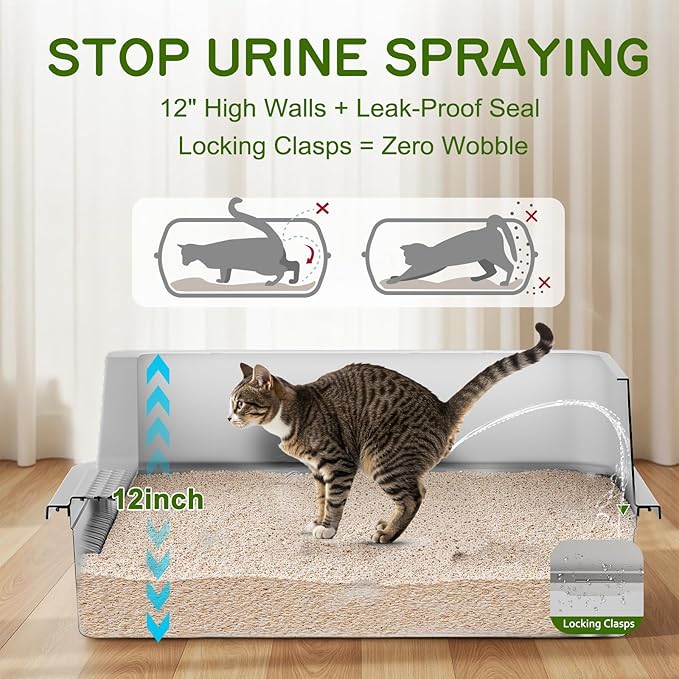 Stainless Steel Litter Box - 28" Extra Large XXXL Cat Litter Box with High Sides, Non-Sticky & Anti-Leakage for Big Cats/Multiple Cats, Includes Heavy Duty Metal Scoop, Grey