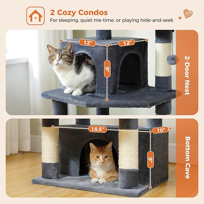 64.5-inch Plush Cat Tree for Indoor Cats with Large Metal Frame Hammock - Multi-Level Cat Tower with 2 Top Perches, 2 Condos, 7 Scratching Posts & Pompoms, Sturdy Pet House Toys, Dark Grey