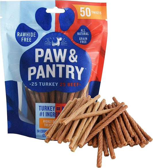 Paw & Pantry 5" Soft & Chewy Stick Twists - Real Beef & Turkey - Pack of 50 Rawhide-Free, Grain-Free Dog Twist Sticks - Healthy Training Treats for Any Size Pup