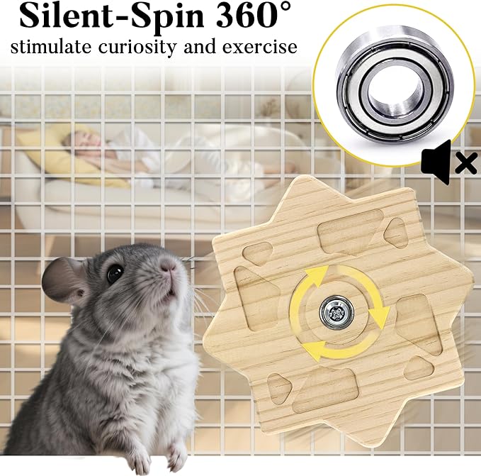 Rotating Natural Wood Chinchilla Chew Toys for Teeth, Interactive Enrichment Toys, Hanging Exercise Chinchilla Toys for Cage for Playtime, Spinner Cage Accessories Wheel (1pc Square)