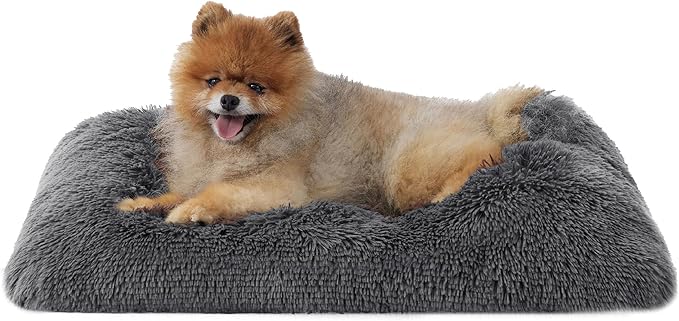 Bedsure Washable Small Dog Bed for Crate, Plush Calming Dog Crate Mat, Fluffy Pet Bed for Small Dogs, Plush Soft Comfort Sleeping Mat for Puppy, Anti-Slip Pet Kennel Pad, 24" x 18", Dark Grey