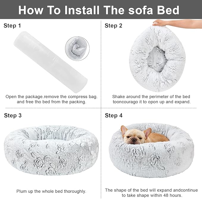 Dog Calming Beds for Small Medium Large Dogs - Round Donut Washable Puppy Dog Bed, Anti-Slip Faux Fur Fluffy Donut Cuddle Anxiety Cat Pet Bed (32" Rose)