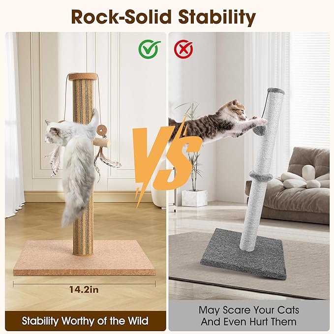 Natural Cork Cat Scratching Post with Feather Toy, 14.2 inch Stable Base, Eco-Friendly Scratch-Safe & Noise-Reducing for Claw Health, Fits Home Decor