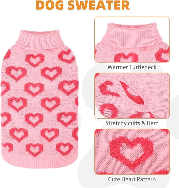KOOLTAIL Dog Sweater, Cold Weather Dogs Knitted Sweater Turtleneck Pullover，Fall Pet Sweater with Heart Patterns，Winter Clothes for Small Medium Large Dogs Cat Boy Girl Pink L