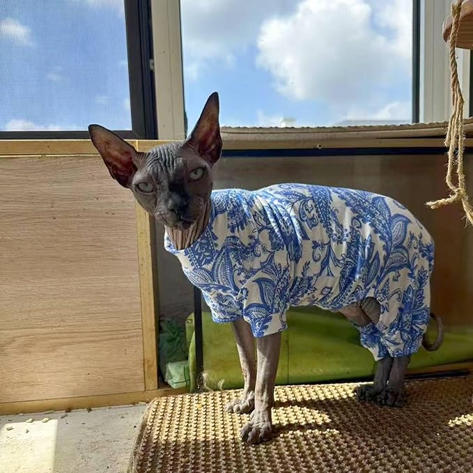 Sphynx Cat Four Leg Cotton Pajamas Elastic Pet Clothes for Hairless Cats Surgery Recovery Suit Undershirt Thermal Clothes for Sphynx, Devon, Cornish (Blue Porcelain, L)