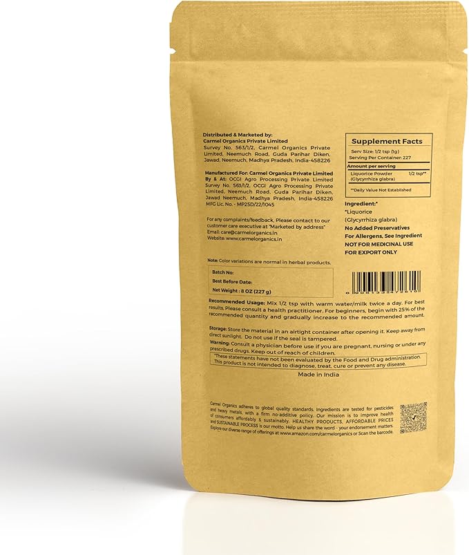 CARMEL ORGANICS Licorice Root Powder - 8 Ounce | Herbal Supplement | Natural Sweetener and Digestive Aid | Non-GMO | No Added Preservatives & Additives